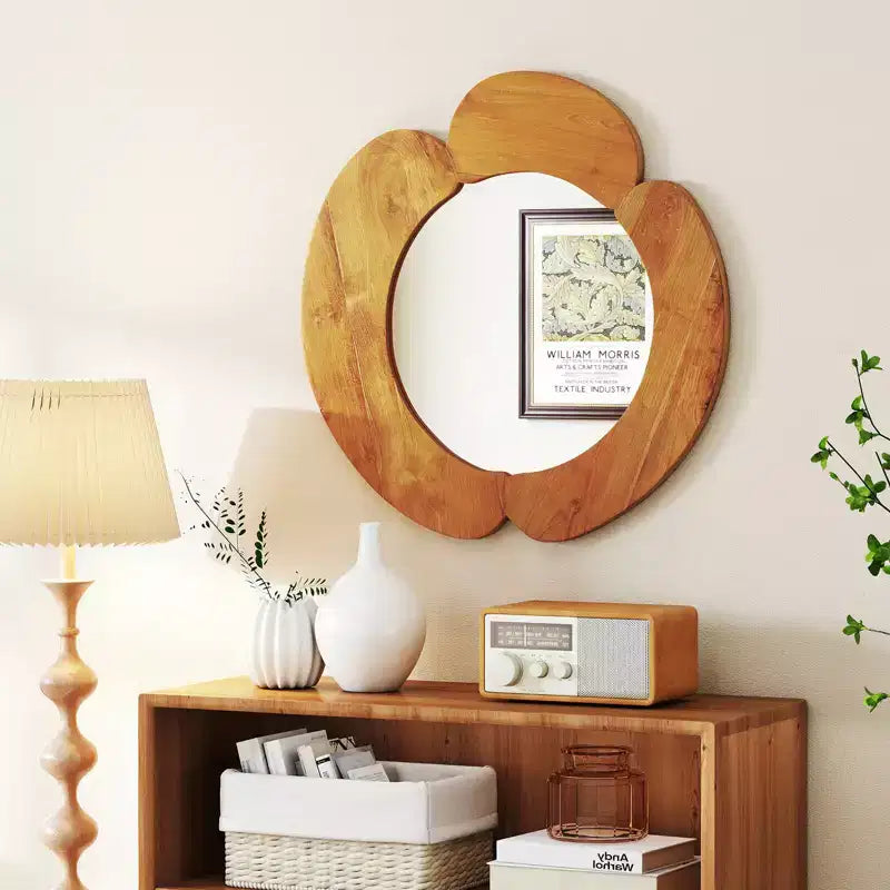 Irregular Wall Mirror 29 Inch Rustic Hanging Vanity Mirror with Teak Wood Frame