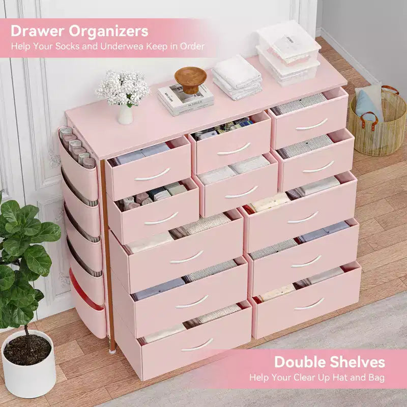 12 Drawers Dresser with Side Pocket,Steel Frame,Wood Top for Bedroom, Kids Room,Closet, Entryway
