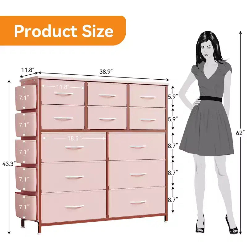 12 Drawers Dresser with Side Pocket,Steel Frame,Wood Top for Bedroom, Kids Room,Closet, Entryway