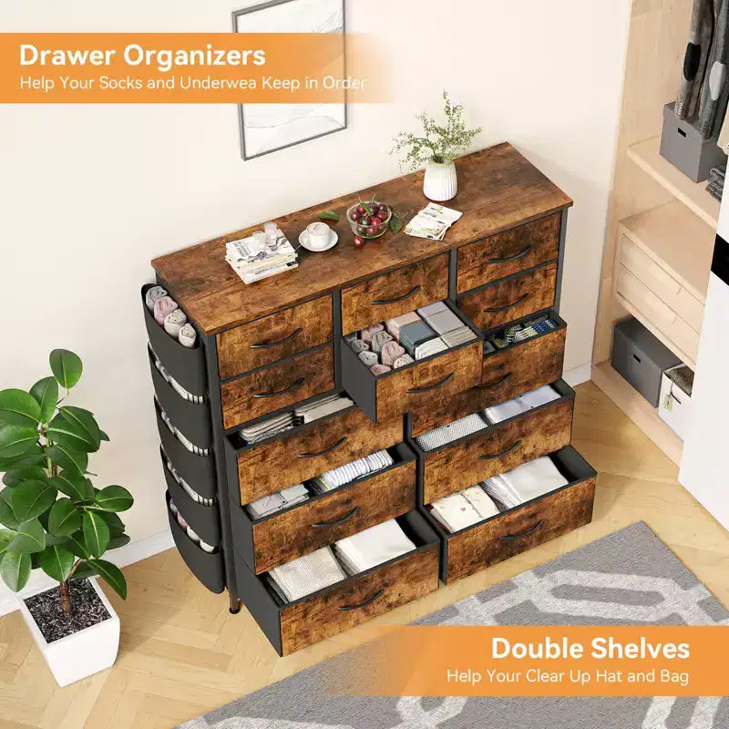 12 Drawers Dresser with Side Pocket,Steel Frame,Wood Top for Bedroom, Kids Room,Closet, Entryway