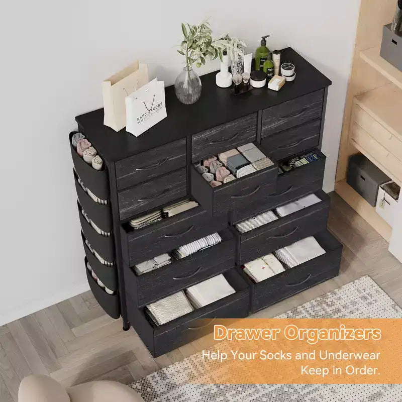 12 Drawers Dresser with Side Pocket,Steel Frame,Wood Top for Bedroom, Kids Room,Closet, Entryway