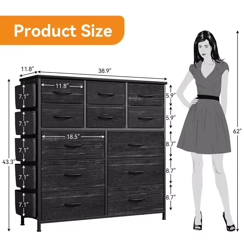 12 Drawers Dresser with Side Pocket,Steel Frame,Wood Top for Bedroom, Kids Room,Closet, Entryway