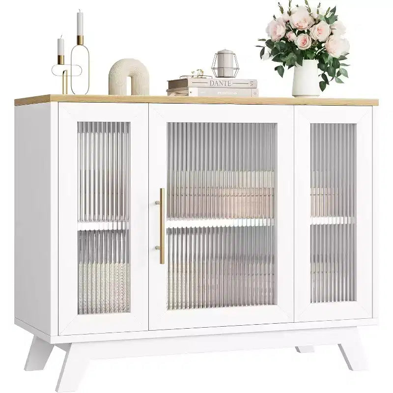 36 Buffet Sideboard Cabinet with Fluted Glass Door, Adjustable Shelf, Modern Coffee Bar Storage for Kitchen Dining Room