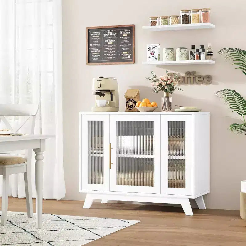 36 Buffet Sideboard Cabinet with Fluted Glass Door, Adjustable Shelf, Modern Coffee Bar Storage for Kitchen Dining Room