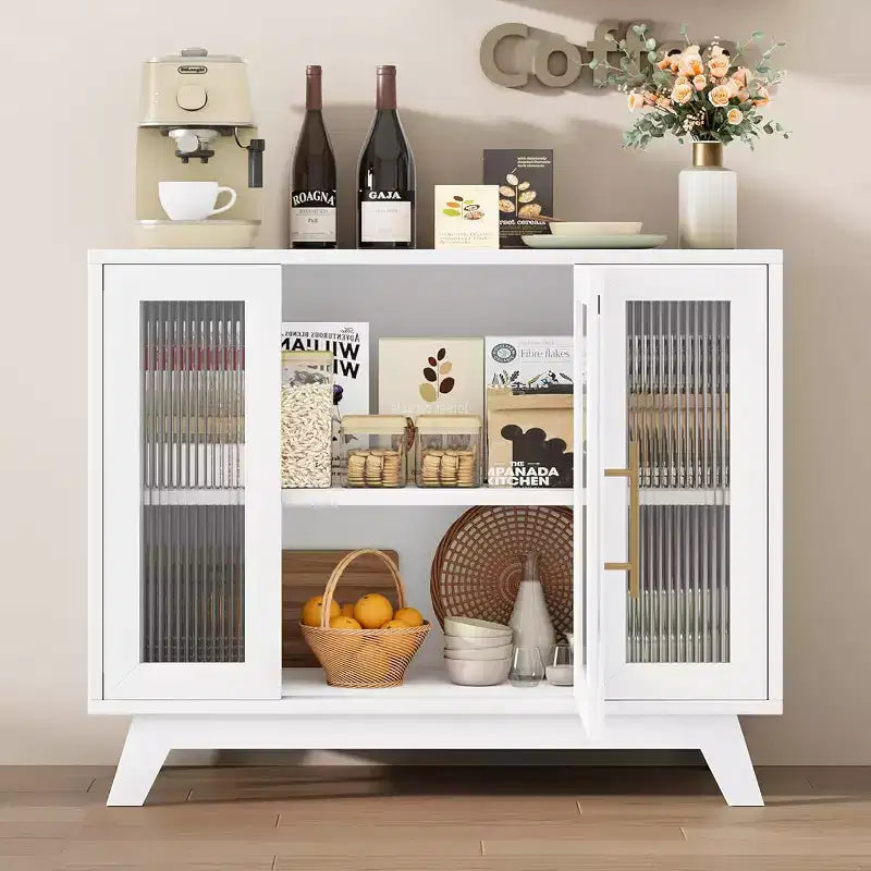 36 Buffet Sideboard Cabinet with Fluted Glass Door, Adjustable Shelf, Modern Coffee Bar Storage for Kitchen Dining Room