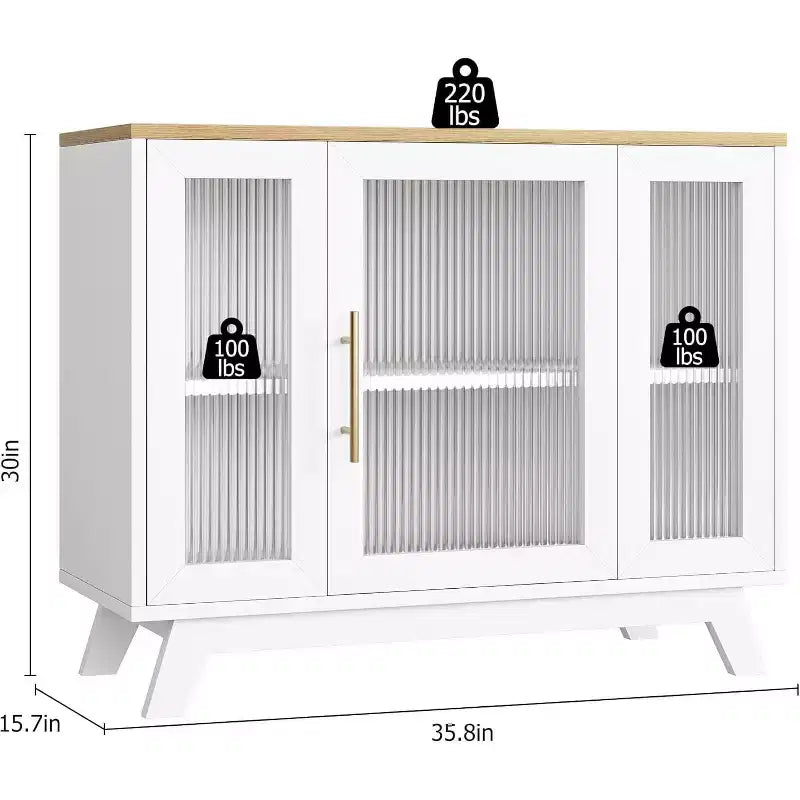 36 Buffet Sideboard Cabinet with Fluted Glass Door, Adjustable Shelf, Modern Coffee Bar Storage for Kitchen Dining Room