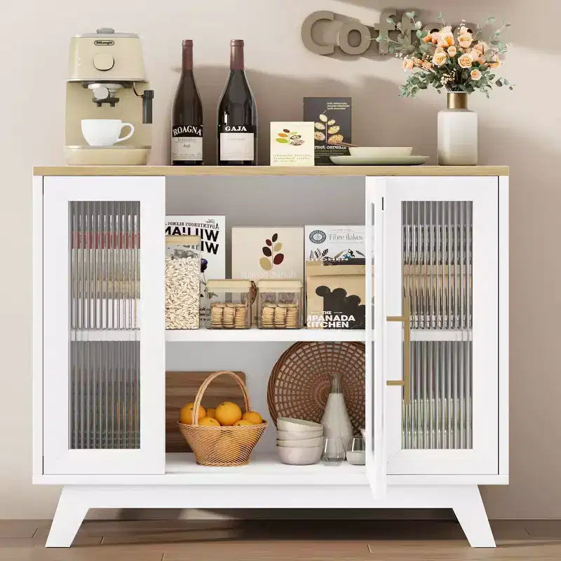 36 Buffet Sideboard Cabinet with Fluted Glass Door, Adjustable Shelf, Modern Coffee Bar Storage for Kitchen Dining Room