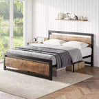 Vintage Industrial Bed Frame with Rustic Wood Headboard, 14 Underbed Storage, No Box Spring Needed, Easy Assembly