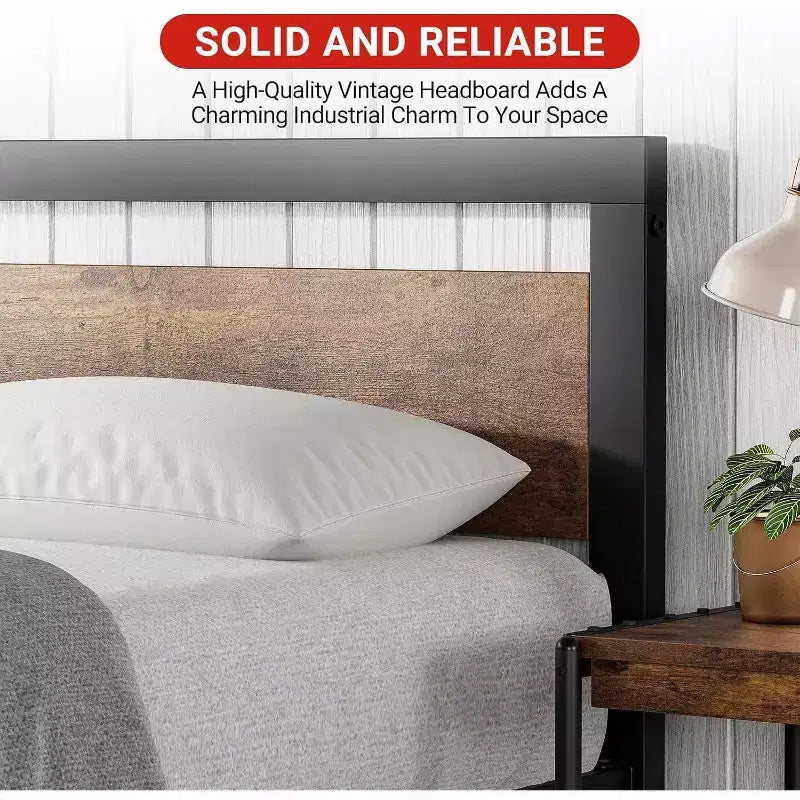 Vintage Industrial Bed Frame with Rustic Wood Headboard, 14 Underbed Storage, No Box Spring Needed, Easy Assembly