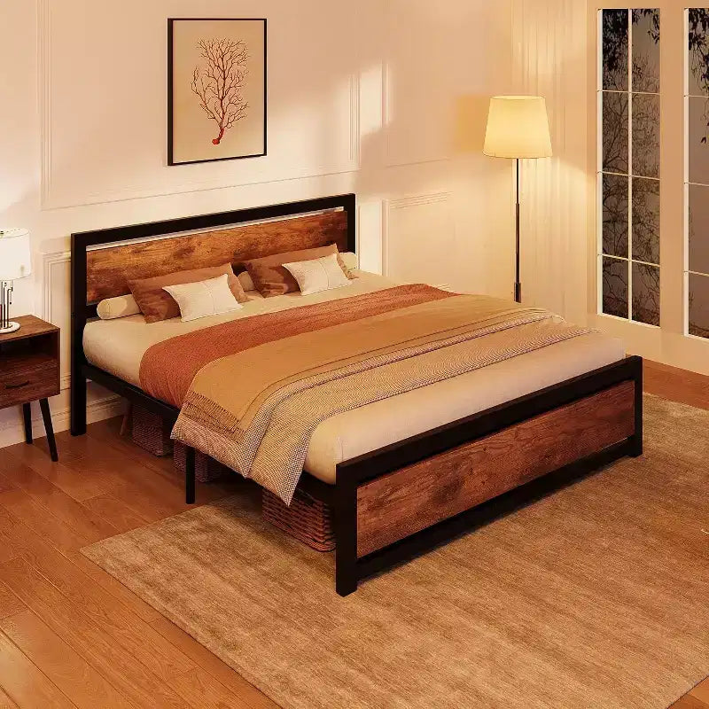 Vintage Industrial Bed Frame with Rustic Wood Headboard, 14 Underbed Storage, No Box Spring Needed, Easy Assembly