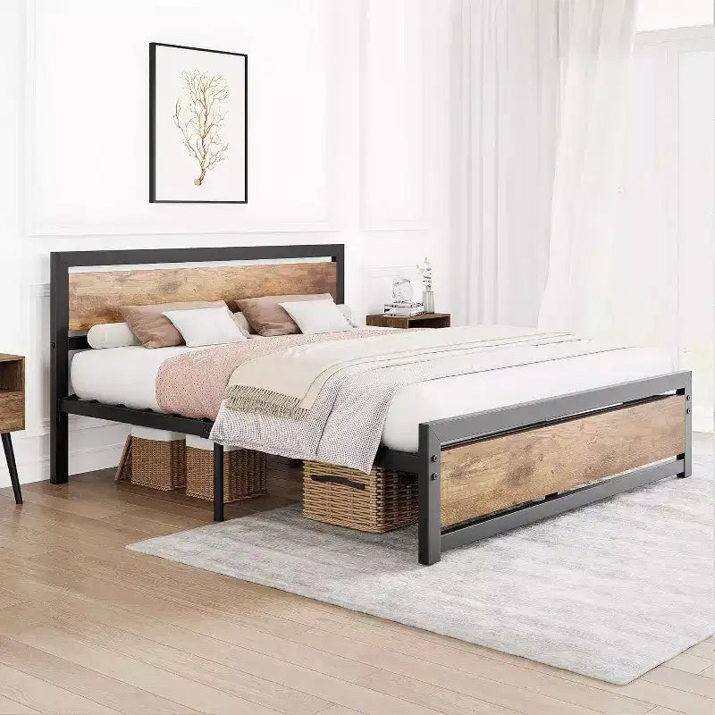 Vintage Industrial Bed Frame with Rustic Wood Headboard, 14 Underbed Storage, No Box Spring Needed, Easy Assembly