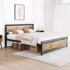 Vintage Industrial Bed Frame with Rustic Wood Headboard, 14 Underbed Storage, No Box Spring Needed, Easy Assembly