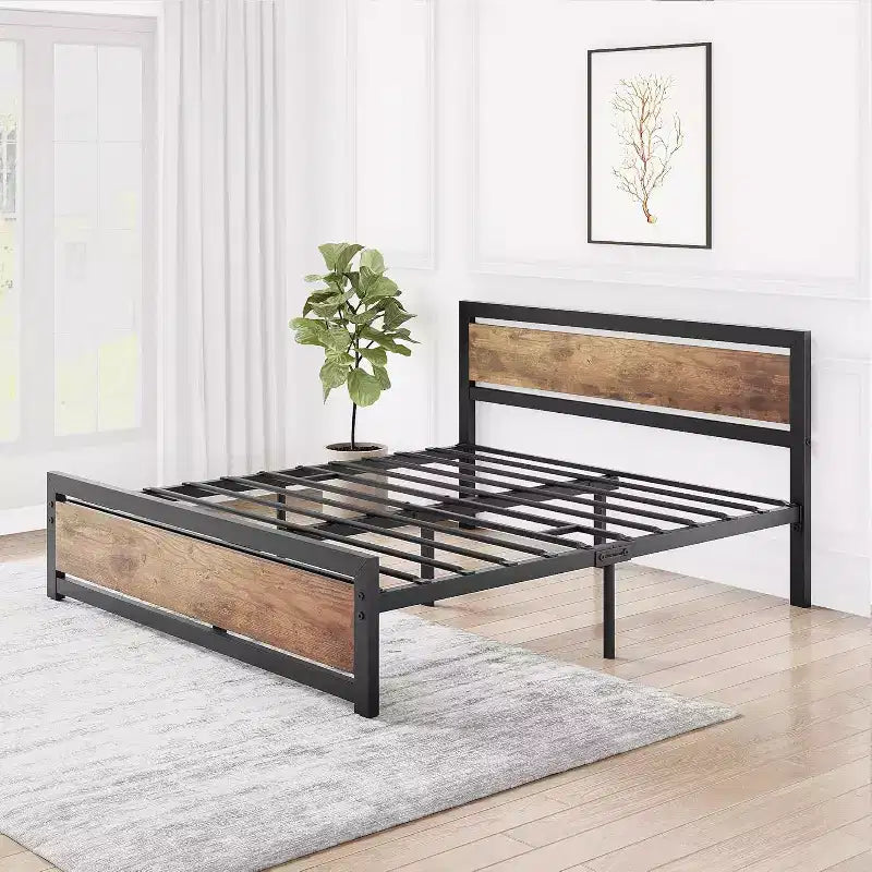 Vintage Industrial Bed Frame with Rustic Wood Headboard, 14 Underbed Storage, No Box Spring Needed, Easy Assembly