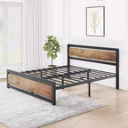 Vintage Industrial Bed Frame with Rustic Wood Headboard, 14 Underbed Storage, No Box Spring Needed, Easy Assembly
