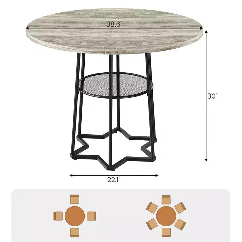 Round Dining Table for 4, 38.6 Farmhouse Kitchen Table with Wood Top & Metal Base, Storage Shelf, Rustic Dining Room Table