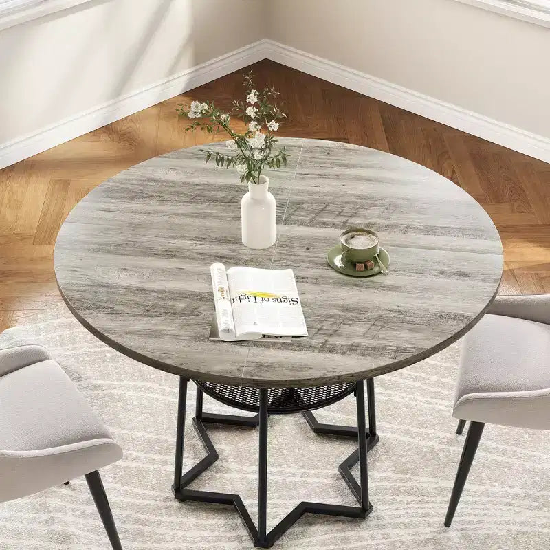Round Dining Table for 4, 38.6 Farmhouse Kitchen Table with Wood Top & Metal Base, Storage Shelf, Rustic Dining Room Table