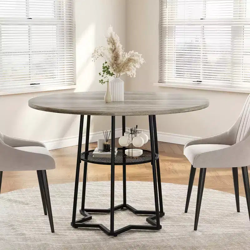 Round Dining Table for 4, 38.6 Farmhouse Kitchen Table with Wood Top & Metal Base, Storage Shelf, Rustic Dining Room Table