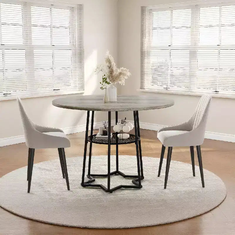 Round Dining Table for 4, 38.6 Farmhouse Kitchen Table with Wood Top & Metal Base, Storage Shelf, Rustic Dining Room Table
