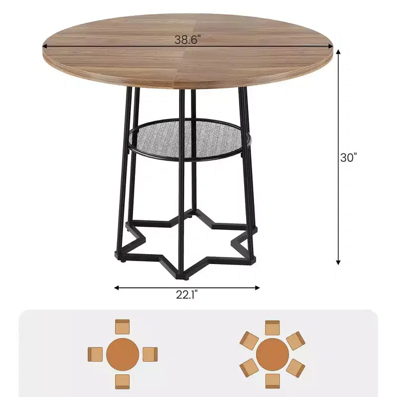 Round Dining Table for 4, 38.6 Farmhouse Kitchen Table with Wood Top & Metal Base, Storage Shelf, Rustic Dining Room Table