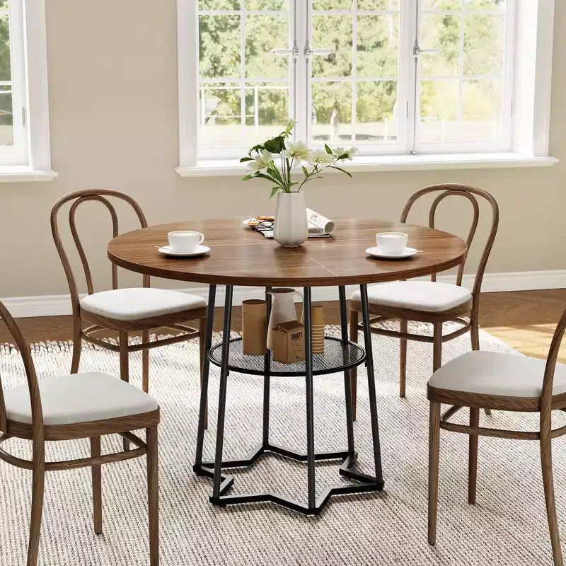 Round Dining Table for 4, 38.6 Farmhouse Kitchen Table with Wood Top & Metal Base, Storage Shelf, Rustic Dining Room Table