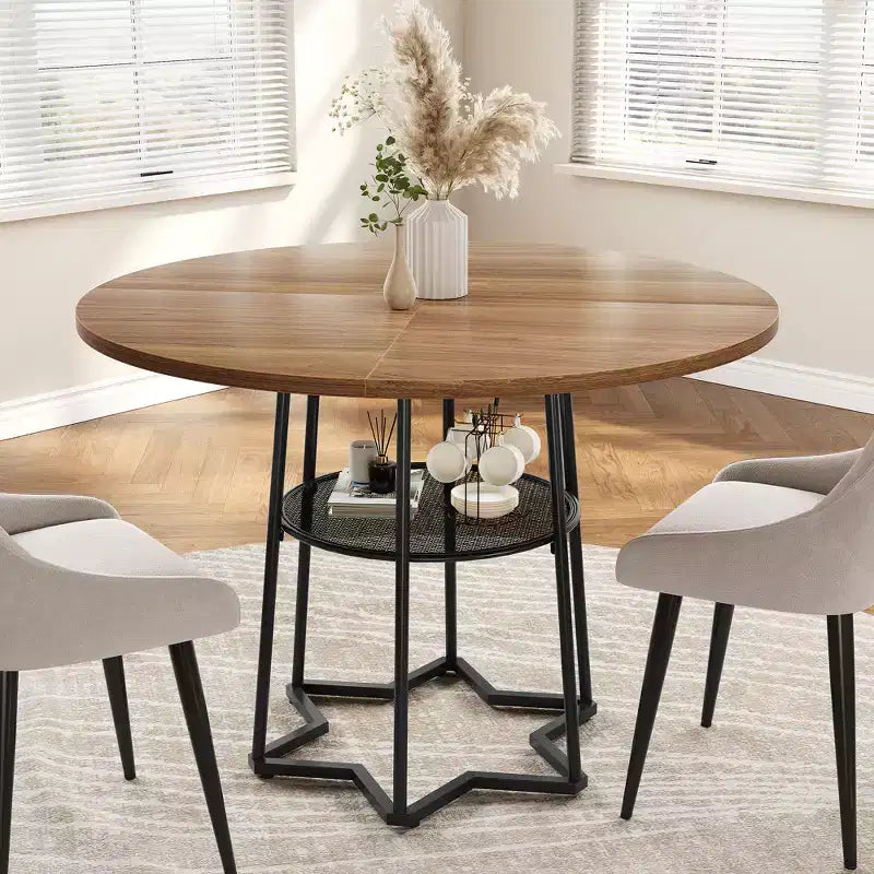Round Dining Table for 4, 38.6 Farmhouse Kitchen Table with Wood Top & Metal Base, Storage Shelf, Rustic Dining Room Table