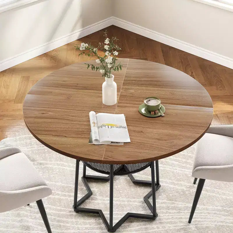 Round Dining Table for 4, 38.6 Farmhouse Kitchen Table with Wood Top & Metal Base, Storage Shelf, Rustic Dining Room Table