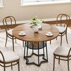 Round Dining Table for 4, 38.6 Farmhouse Kitchen Table with Wood Top & Metal Base, Storage Shelf, Rustic Dining Room Table