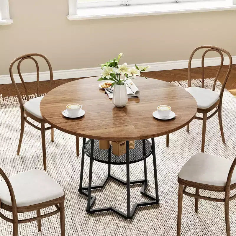 Round Dining Table for 4, 38.6 Farmhouse Kitchen Table with Wood Top & Metal Base, Storage Shelf, Rustic Dining Room Table