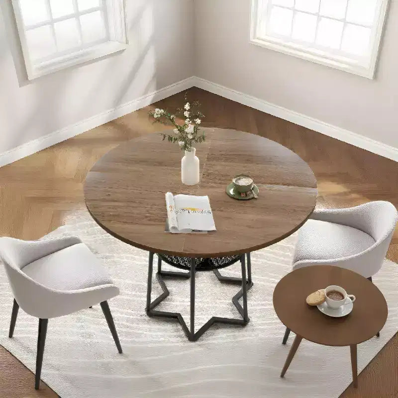 Round Dining Table for 4, 38.6 Farmhouse Kitchen Table with Wood Top & Metal Base, Storage Shelf, Rustic Dining Room Table