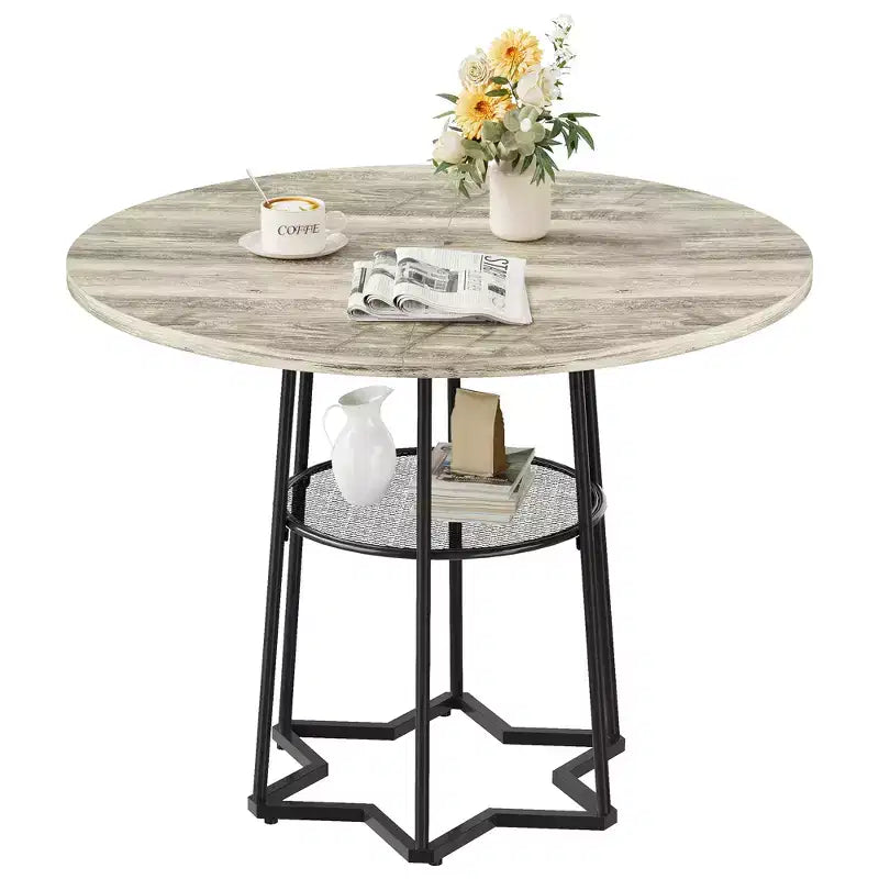 Round Dining Table for 4, 38.6 Farmhouse Kitchen Table with Wood Top & Metal Base, Storage Shelf, Rustic Dining Room Table