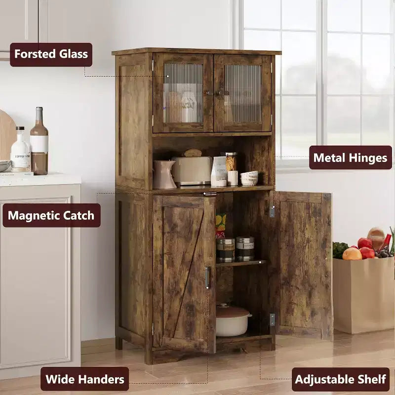 54 Farmhouse Storage Cabinet with Glass Doors, Adjustable Shelves, Freestanding Pantry Cupboard for Kitchen, Bathroom, Living Room