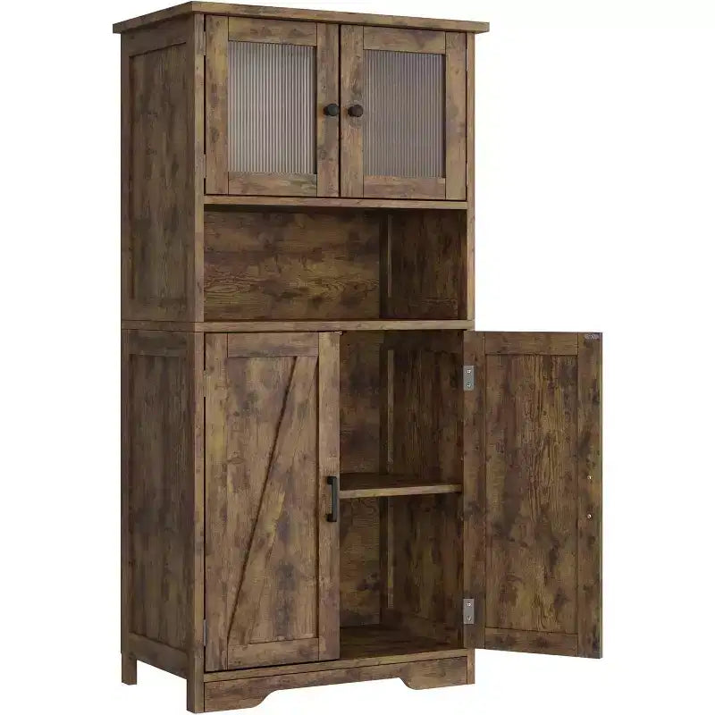 54 Farmhouse Storage Cabinet with Glass Doors, Adjustable Shelves, Freestanding Pantry Cupboard for Kitchen, Bathroom, Living Room