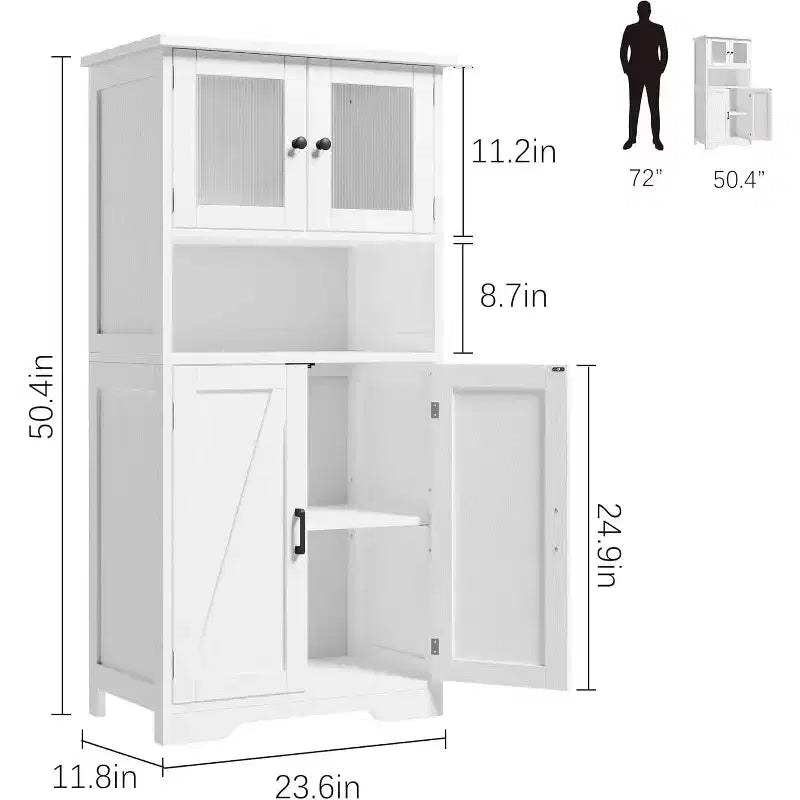 54 Farmhouse Storage Cabinet with Glass Doors, Adjustable Shelves, Freestanding Pantry Cupboard for Kitchen, Bathroom, Living Room