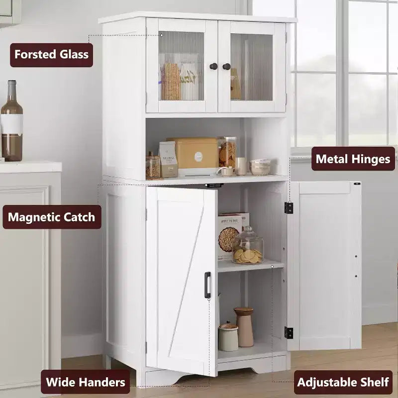54 Farmhouse Storage Cabinet with Glass Doors, Adjustable Shelves, Freestanding Pantry Cupboard for Kitchen, Bathroom, Living Room