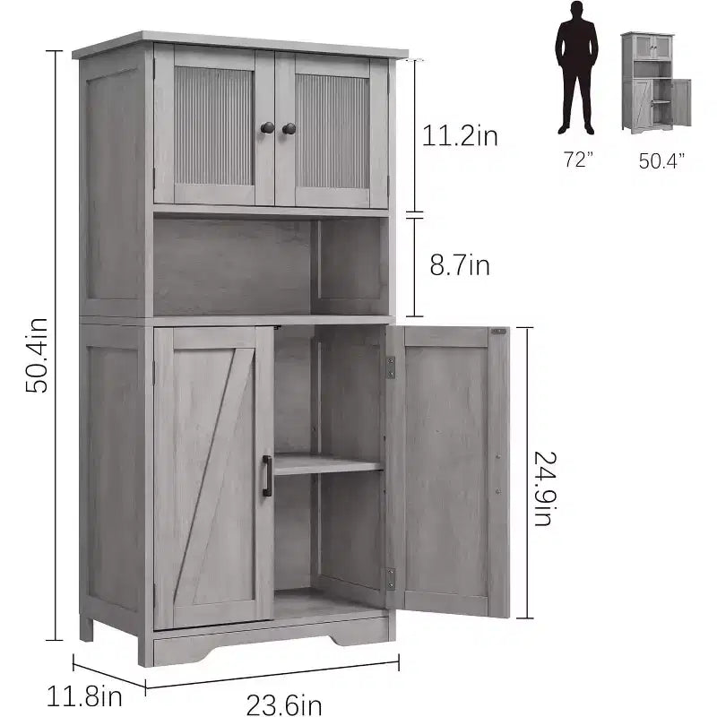 54 Farmhouse Storage Cabinet with Glass Doors, Adjustable Shelves, Freestanding Pantry Cupboard for Kitchen, Bathroom, Living Room