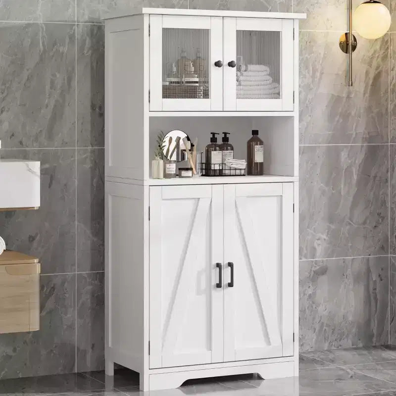54 Farmhouse Storage Cabinet with Glass Doors, Adjustable Shelves, Freestanding Pantry Cupboard for Kitchen, Bathroom, Living Room