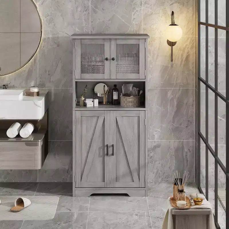 54 Farmhouse Storage Cabinet with Glass Doors, Adjustable Shelves, Freestanding Pantry Cupboard for Kitchen, Bathroom, Living Room