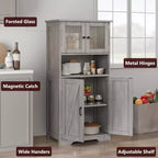 54 Farmhouse Storage Cabinet with Glass Doors, Adjustable Shelves, Freestanding Pantry Cupboard for Kitchen, Bathroom, Living Room