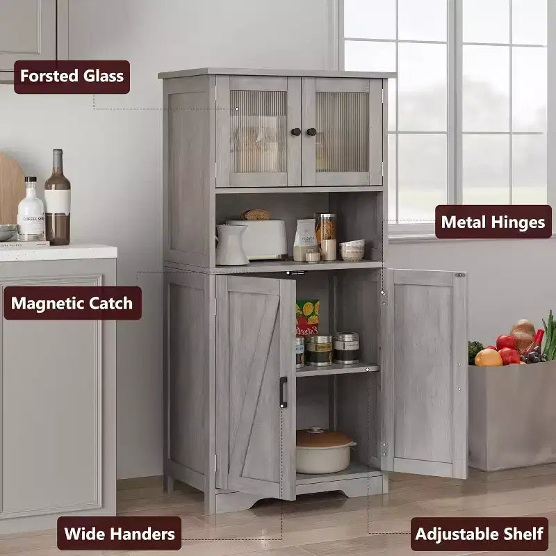 54 Farmhouse Storage Cabinet with Glass Doors, Adjustable Shelves, Freestanding Pantry Cupboard for Kitchen, Bathroom, Living Room