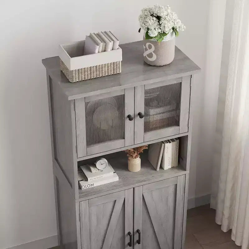 54 Farmhouse Storage Cabinet with Glass Doors, Adjustable Shelves, Freestanding Pantry Cupboard for Kitchen, Bathroom, Living Room