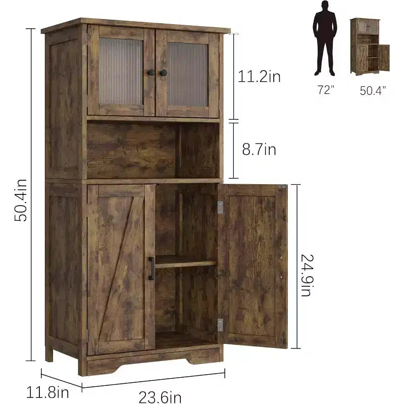 54 Farmhouse Storage Cabinet with Glass Doors, Adjustable Shelves, Freestanding Pantry Cupboard for Kitchen, Bathroom, Living Room