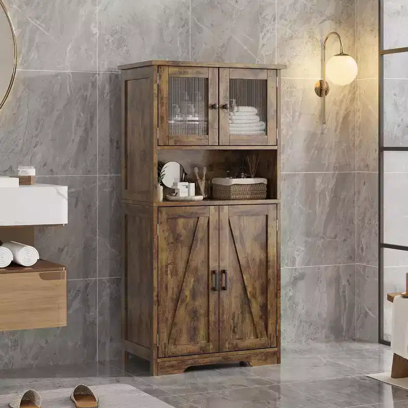 54 Farmhouse Storage Cabinet with Glass Doors, Adjustable Shelves, Freestanding Pantry Cupboard for Kitchen, Bathroom, Living Room