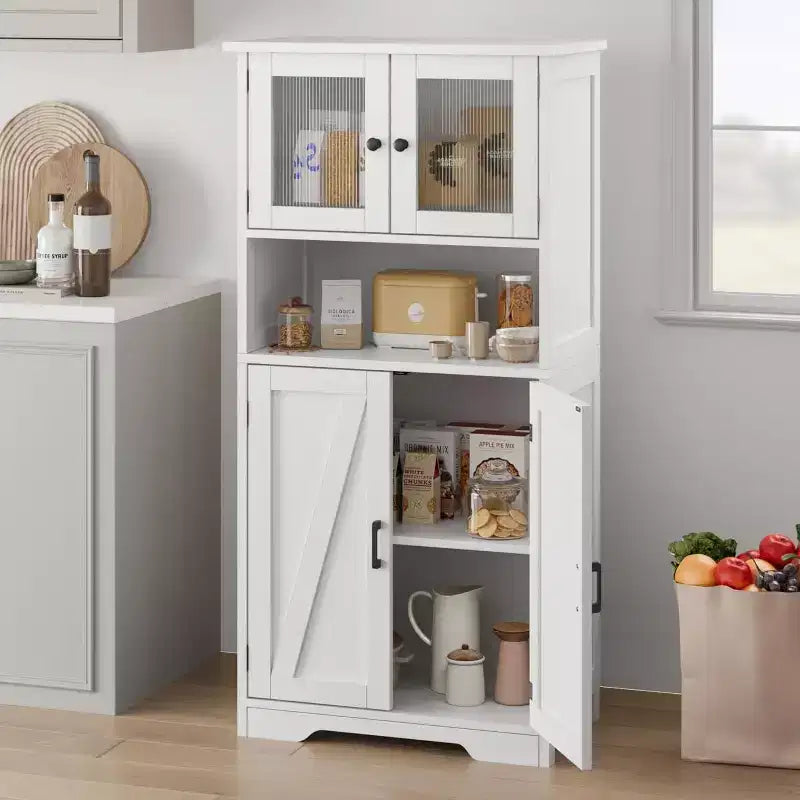 54 Farmhouse Storage Cabinet with Glass Doors, Adjustable Shelves, Freestanding Pantry Cupboard for Kitchen, Bathroom, Living Room
