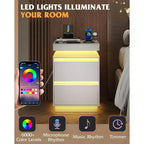 LED Light Nightstand with Charging Station - 2 Wooden Drawers & Sliding Top, Modern Bedside End Table for Bedroom, Living Room