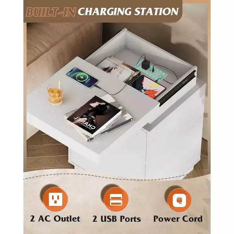 LED Light Nightstand with Charging Station - 2 Wooden Drawers & Sliding Top, Modern Bedside End Table for Bedroom, Living Room