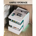 LED Light Nightstand with Charging Station - 2 Wooden Drawers & Sliding Top, Modern Bedside End Table for Bedroom, Living Room