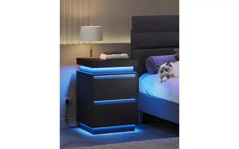 LED Light Nightstand with Charging Station - 2 Wooden Drawers & Sliding Top, Modern Bedside End Table for Bedroom, Living Room