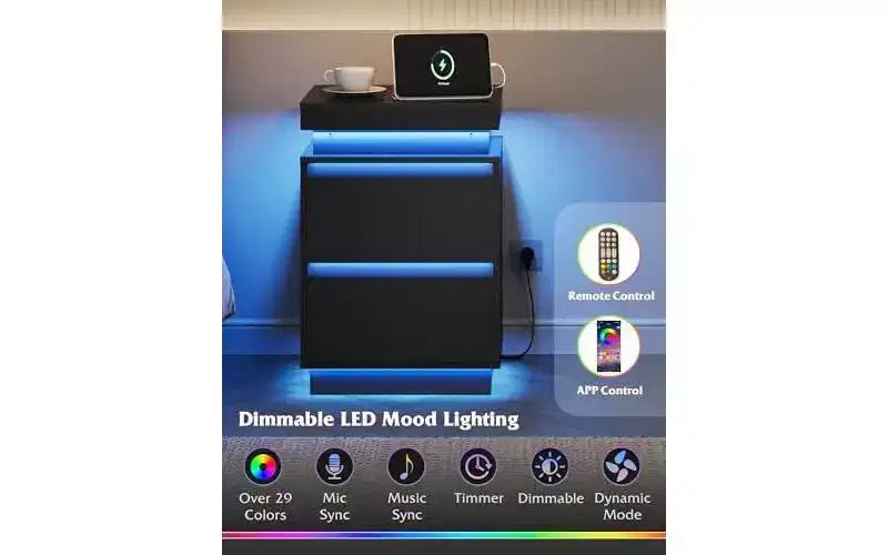 LED Light Nightstand with Charging Station - 2 Wooden Drawers & Sliding Top, Modern Bedside End Table for Bedroom, Living Room