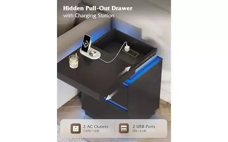 LED Light Nightstand with Charging Station - 2 Wooden Drawers & Sliding Top, Modern Bedside End Table for Bedroom, Living Room