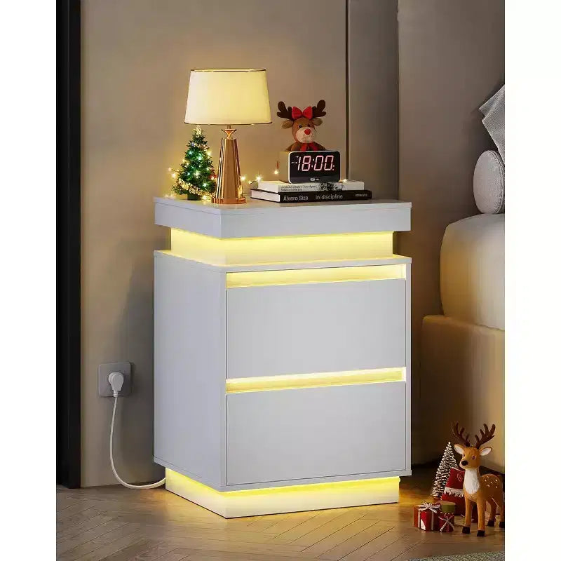 LED Light Nightstand with Charging Station - 2 Wooden Drawers & Sliding Top, Modern Bedside End Table for Bedroom, Living Room